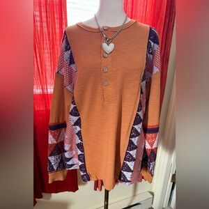 Bohemian burned Orange and Purple Aztec  Patterned Button-Up top by Easel. NWT